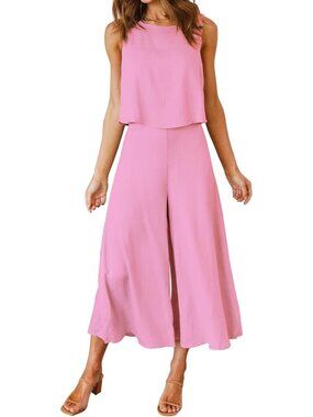 Women's Summer 2 Piece Cherry Pink Round Neck Crop Top Cropped Wide Leg Jumpsuit